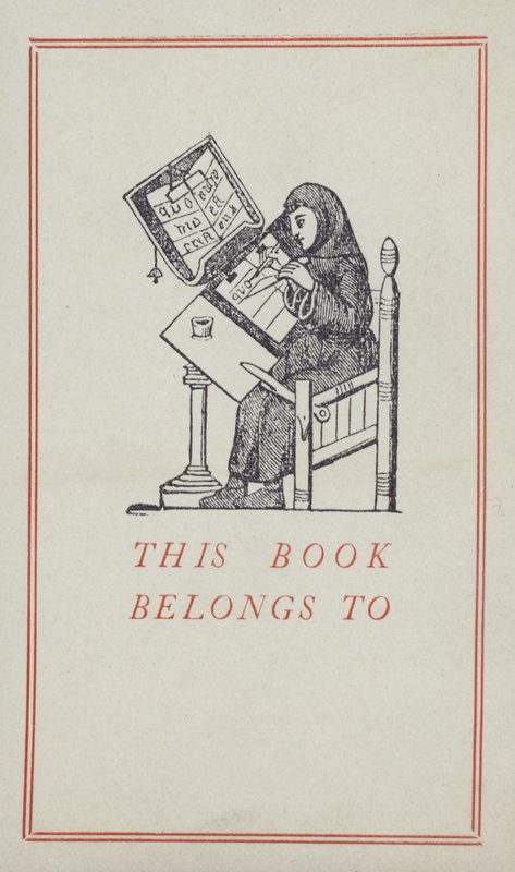 Medieval scribe working on a manuscript, book ownership label (colour litho) 作者 英语学校
