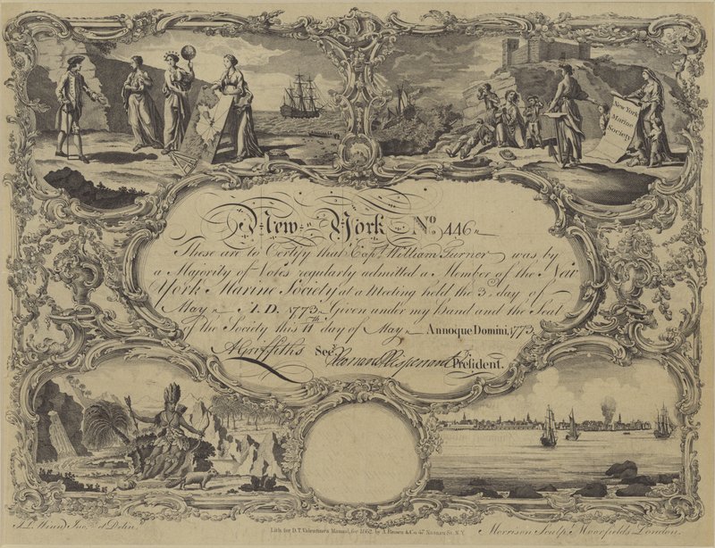 纽约海洋学会会员证书，1773年 作者 英语学校