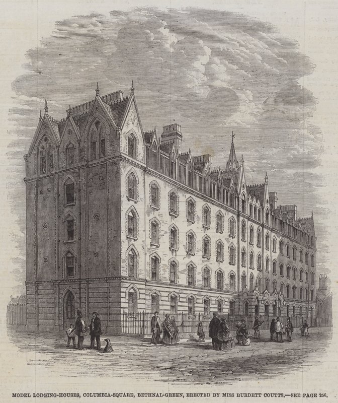 模型宿舍，哥伦比亚广场，贝斯纳尔格林，由 Burdett Coutts 小姐建造（雕刻） 作者 英语学校