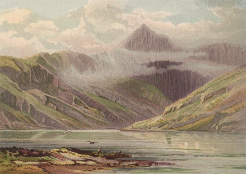 威尔士北部，从 Llyn Llydaw 望斯诺登（彩色石版画） 作者 英语学校