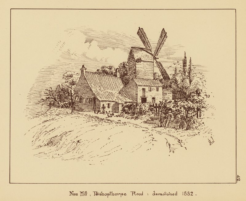 努恩磨坊，毕肖普索普路，1882 年拆除（石版）。 作者 英语学校