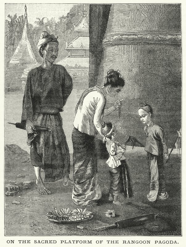 在仰光塔的圣台上（雕刻）。 作者 英语学校