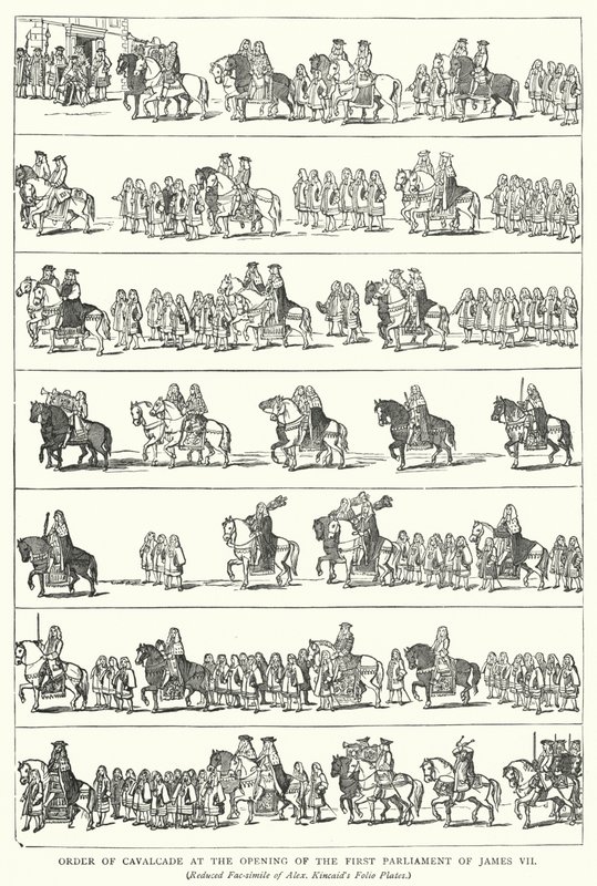 詹姆斯七世第一届议会开幕时的骑兵队秩序（雕刻）。 作者 英语学校