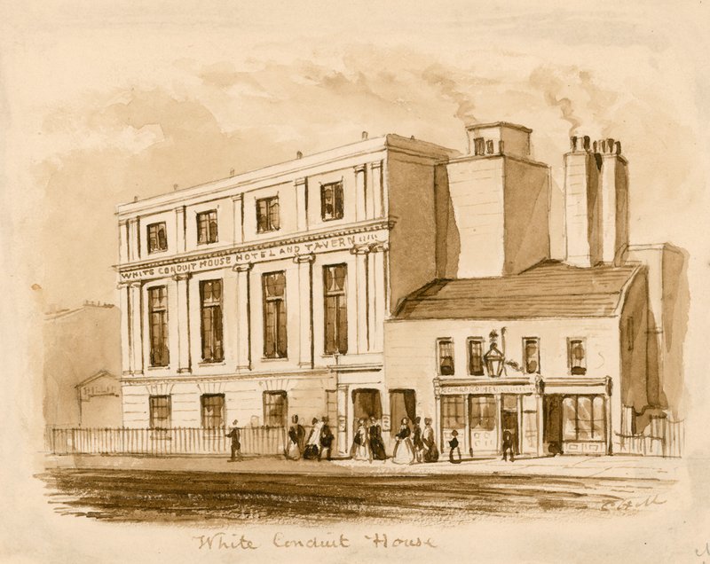 新的White Conduit House，Pentonville，伦敦的原始棕褐色图纸（墨水在纸上） 作者 英语学校