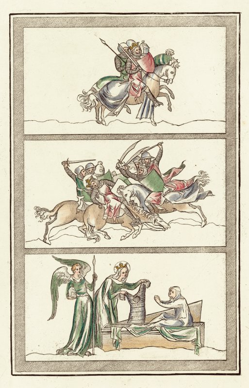 Oswald King Of Northumberland with his army, Battle Of Maserfield, Miracle of the Virgin Mary (coloured engraving) 作者 英语学校