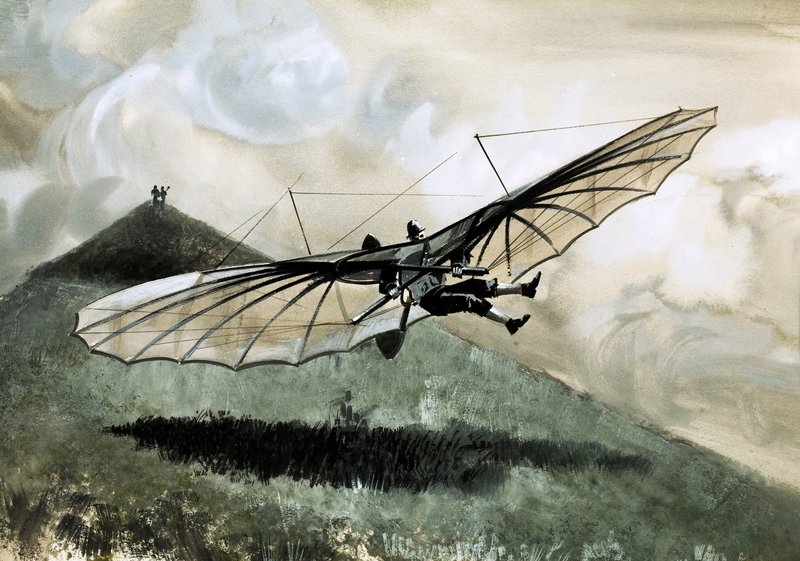 Otto Lilienthal 驾驶他的原始滑翔机（纸上水粉）飞行了 1,000 多次 作者 英语学校