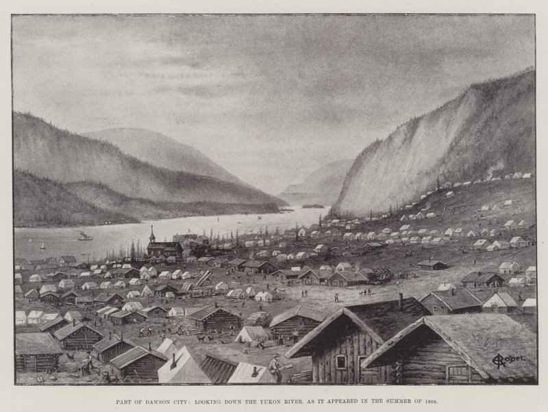 道森市的一部分，俯视育空河，它出现在 1898 年夏天（石版画） 作者 英语学校