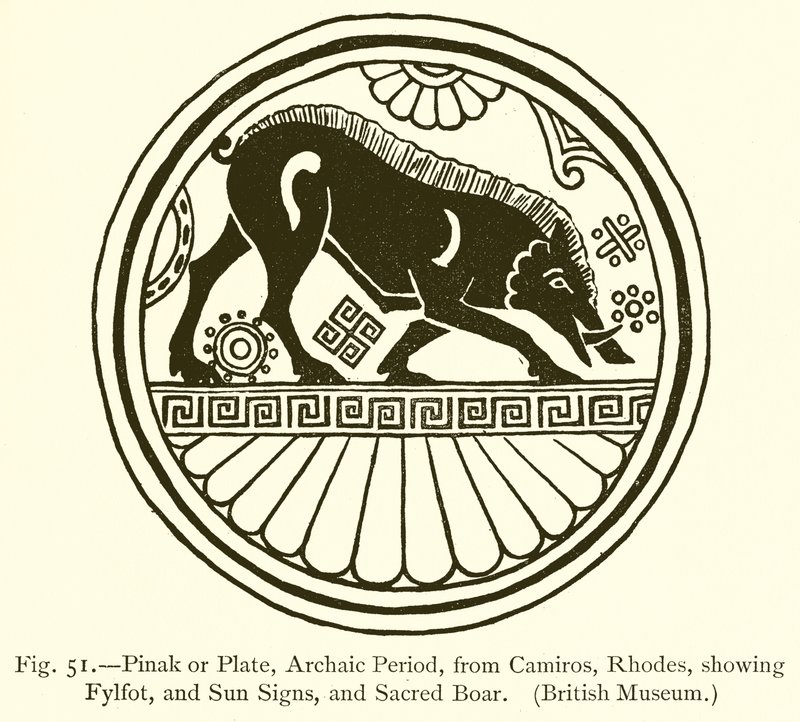 Pinak或Plate，古代时期，来自Camiros，Rhodes，显示Fylfot，太阳星座和神圣野猪 作者 英语学校