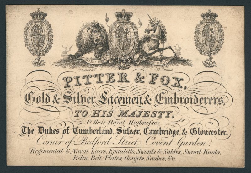 Pitter和Fox，金银Laceman和Embroiderers，贝德福德街，考文特花园，贸易卡 作者 英语学校
