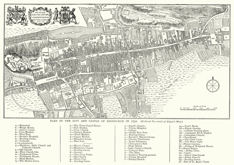 1742年爱丁堡市和城堡的计划（雕刻）。 作者 英语学校