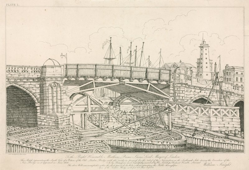 老伦敦桥的部分，在1826年在建筑工作期间被画 作者 英语学校
