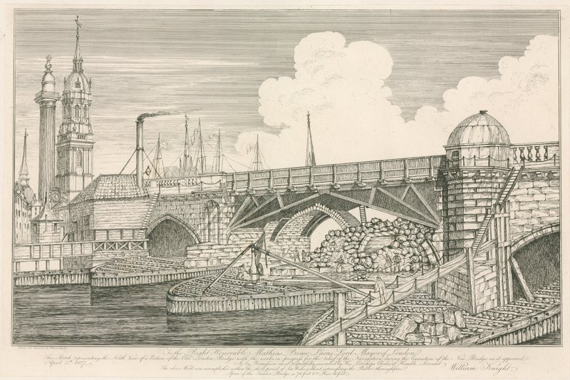 老伦敦桥的部分，在1827年在建筑工作期间被画 作者 英语学校