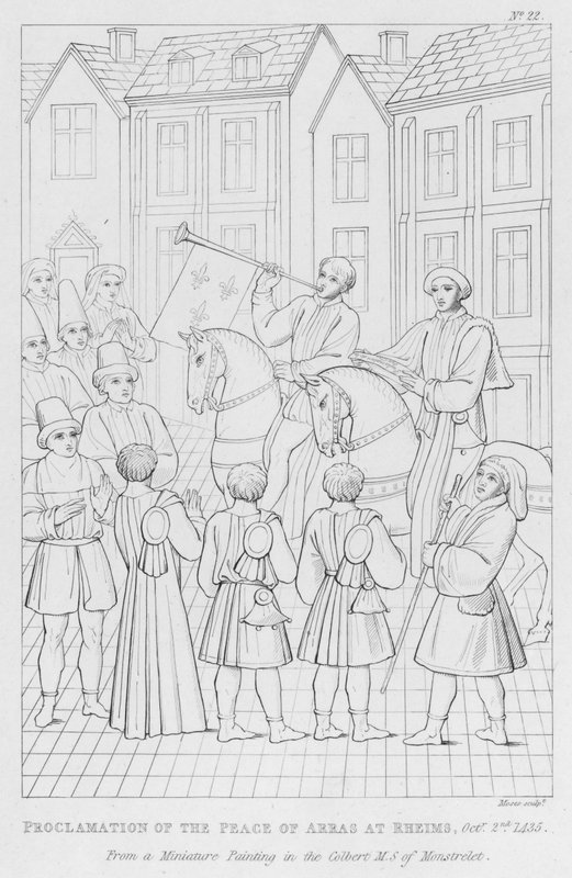 1435年10月2日在兰斯发表的《阿拉斯和平宣言》（雕版印刷）。 作者 英语学校
