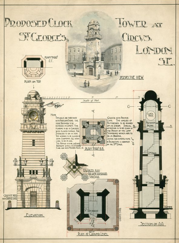 位于伦敦东南部St Georges Circus的钟楼（墨水在纸上） 作者 英语学校