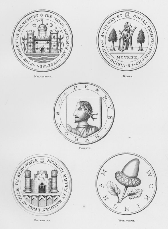 公共武器：马姆斯伯里； 纽瑞； 彭林； 布里奇沃特； 沃金厄姆（雕刻） 作者 英语学校