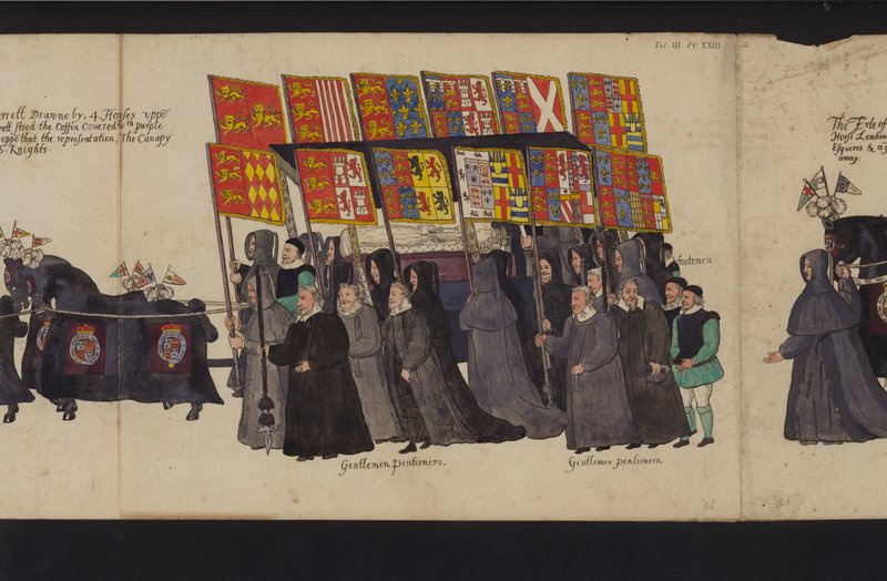 伊丽莎白一世女王的葬礼游行（彩色雕刻）。 作者 英语学校