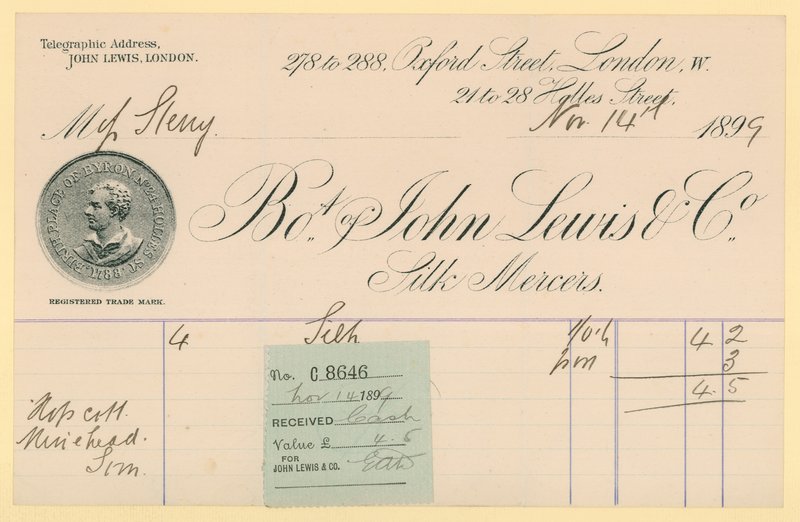 1896年11月14日收到John Lewis＆Co。的收据 作者 英语学校