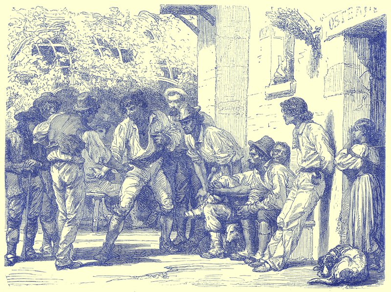 罗马人在莫拉演奏，插图来自插图游记，由HW Bates编辑，出版于1880年（数字增强图像） 作者 英语学校