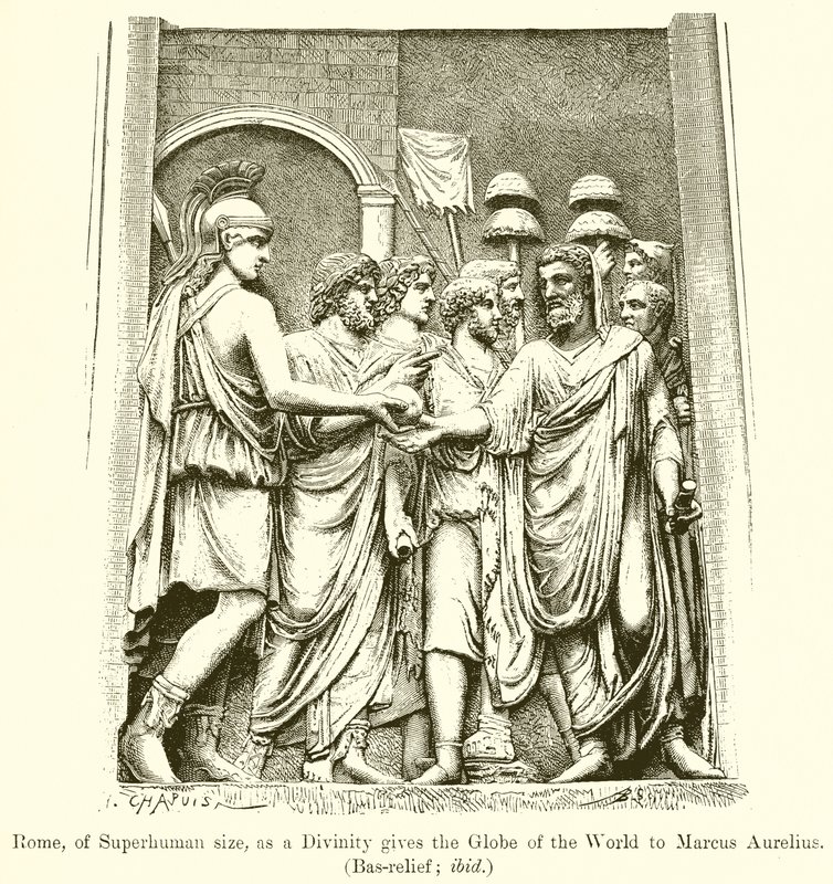 超人大小的罗马，作为一个神性给了Marcus Aurelius世界的地球。 （Bas-Relief;同上） 作者 英语学校