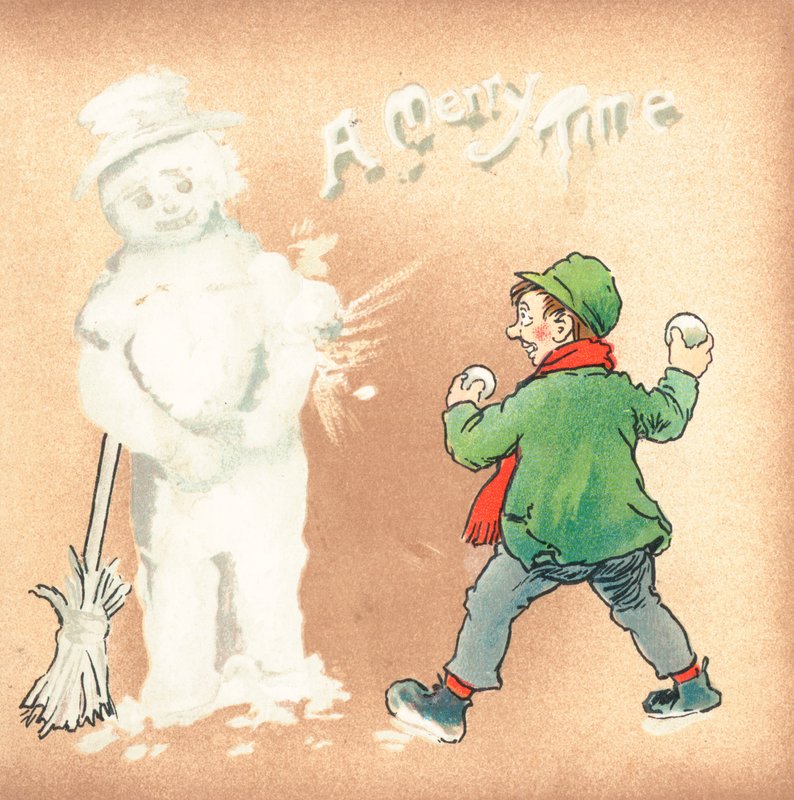 在雪人，圣诞卡的粗砺的男孩投掷的雪球 作者 英语学校