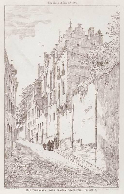 Rue Terracken，与 Maison Gravestein，布鲁塞尔（雕刻） 作者 英语学校