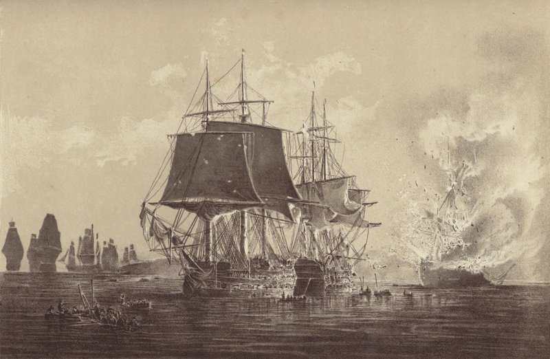 1808 年 8 月 26 日，在波罗的海，由托马斯·比亚姆·马丁船长指挥的 HMS Implacable 在与 HMS Implacable 的行动之后，俄罗斯船 Vsevolod 在俄罗斯舰队面前被摧毁（石版） 作者 英语学校