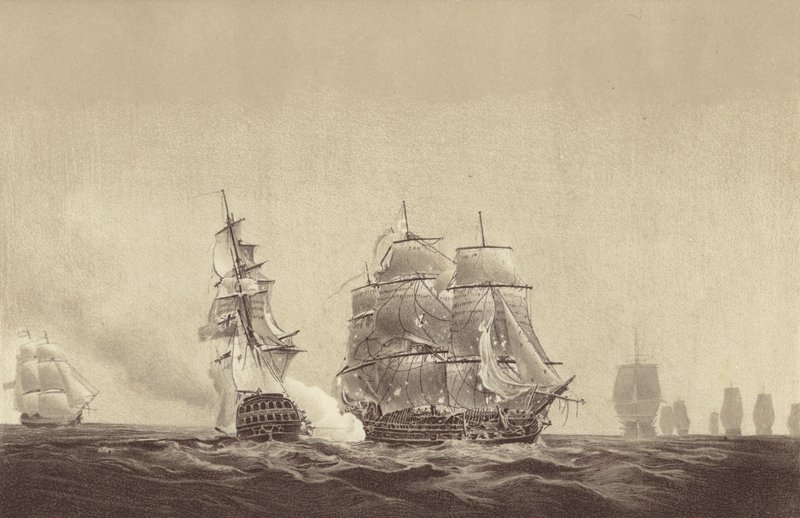 1808 年 8 月 26 日，俄罗斯船只 Vsevolod 号在波罗的海向隶属于瑞典海军、由 Thomas Byam Martin 船长指挥的 HMS Implacable 号展示其旗帜（石版印刷）。 作者 英语学校