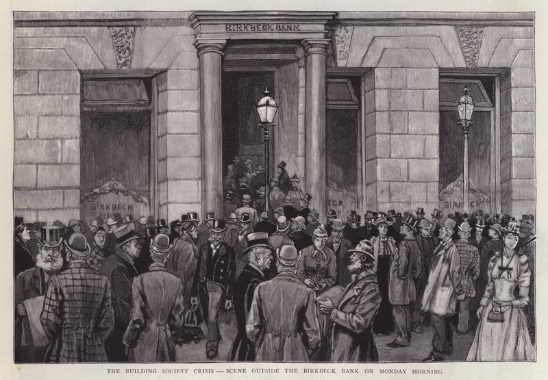 1892 年建筑社会危机期间，伦敦伯贝克银行外的场景（石版画） 作者 英语学校