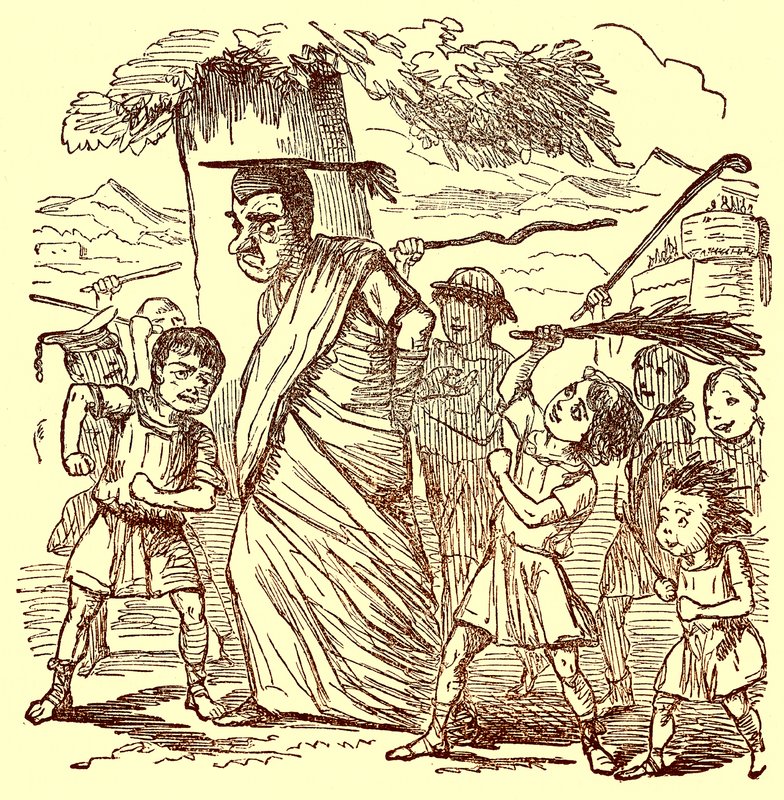 学校男孩鞭策校长，吉尔伯特·艾伯特（Bebertt）的“罗马漫画史”（The Comic History of Rome）插图，出版于1850年（数字增强图像） 作者 英语学校