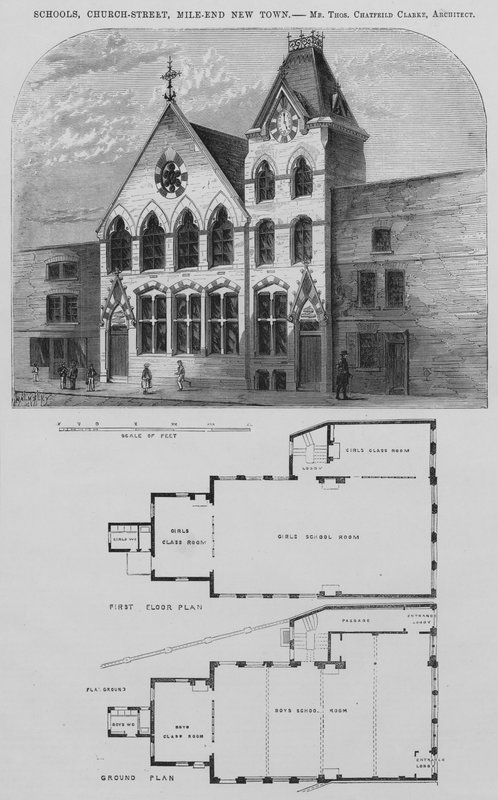 学校，教堂街，Mile-End新城区（雕刻）。 作者 英语学校