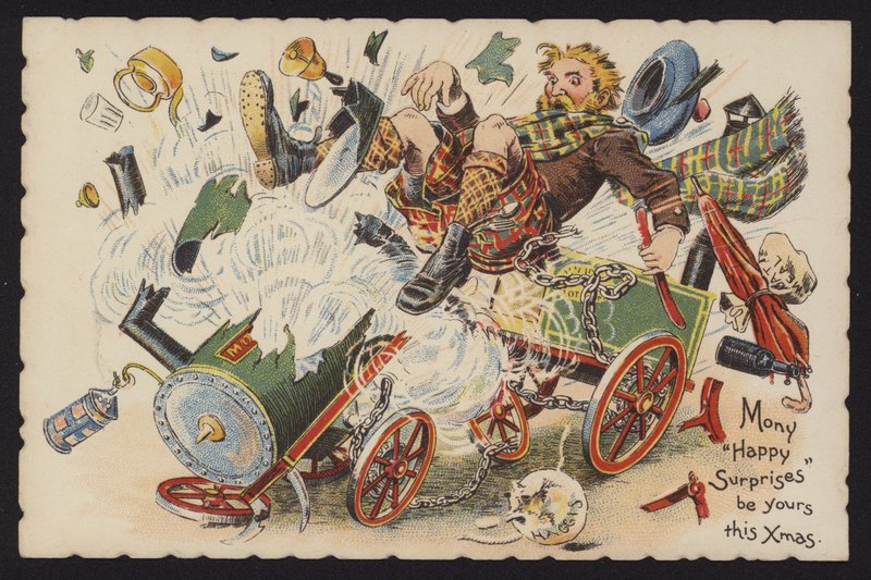 Scotsman riding an exploding steam engine (chromolitho) 作者 英语学校