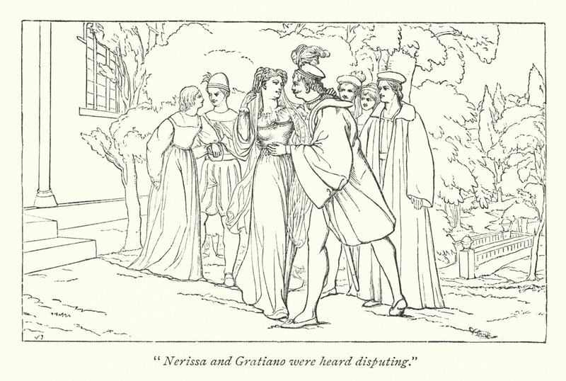 Saudagar Venesia karya Shakespeare; Portia menemukan dirinya sebagai Doctors of Laws (ukiran) yang berpura-pura 作者 英语学校