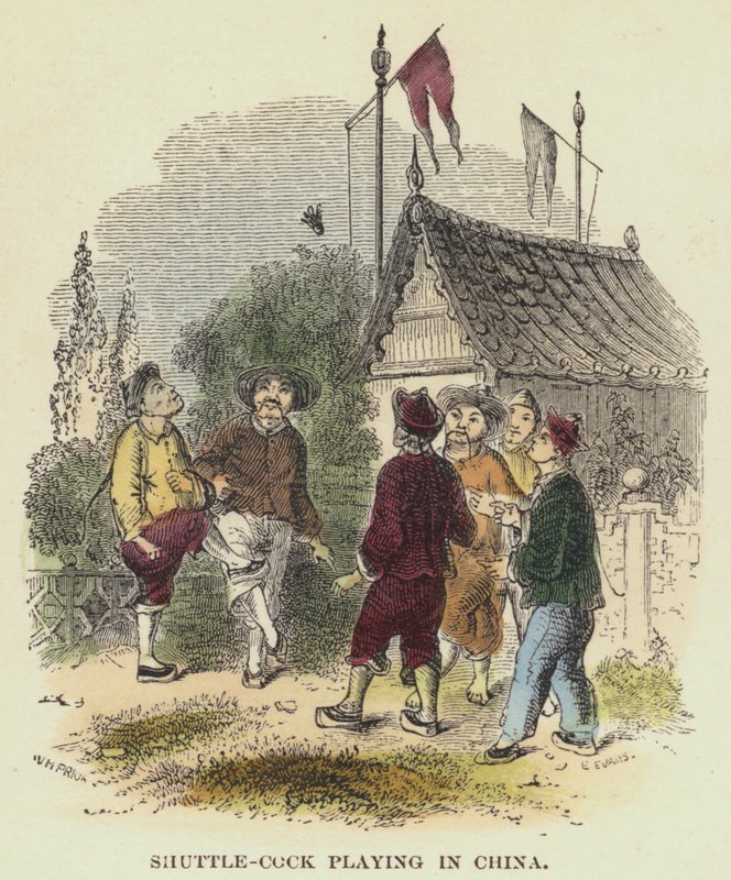在中国玩毽子（彩色雕刻）。 作者 英语学校