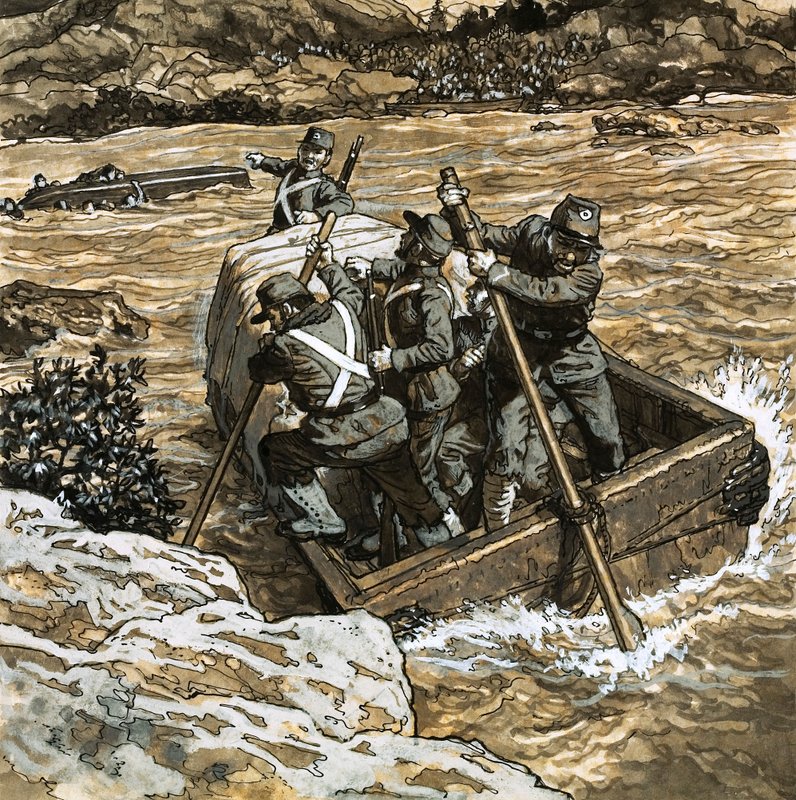 西蒙-玻利瓦尔穿越安第斯山脉的史诗般的行军（纸上水粉画）。 作者 英语学校