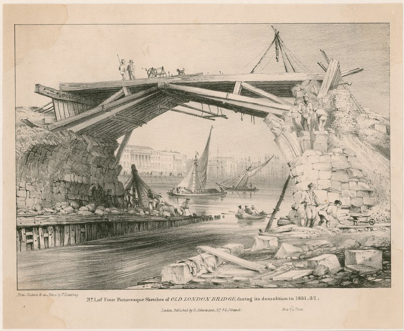 老伦敦桥剪影在它的爆破期间在1831年，1832年 作者 英语学校