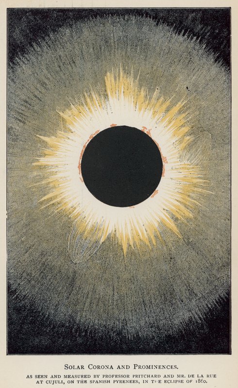 Solar Corona and Prominences, as seen and measured by Professor Pritchard and Mr De La Rue  (colour litho) 作者 英语学校