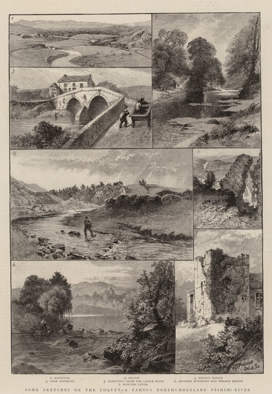 Coquet 的一些草图，一条著名的诺森伯兰渔河（版画） 作者 英语学校