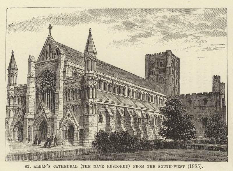 圣奥尔本斯大教堂（St. Albans Cathedral）于1885年从西南方向修复 作者 英语学校