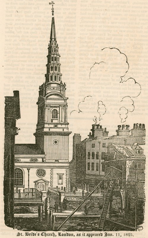 1825年1月11日出现的伦敦舰队街St Brides教堂 作者 英语学校