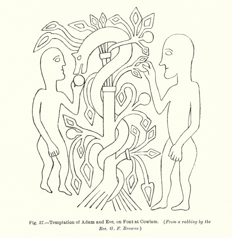 亚当和夏娃的诱惑，在考拉姆的字体上（版画） 作者 英语学校