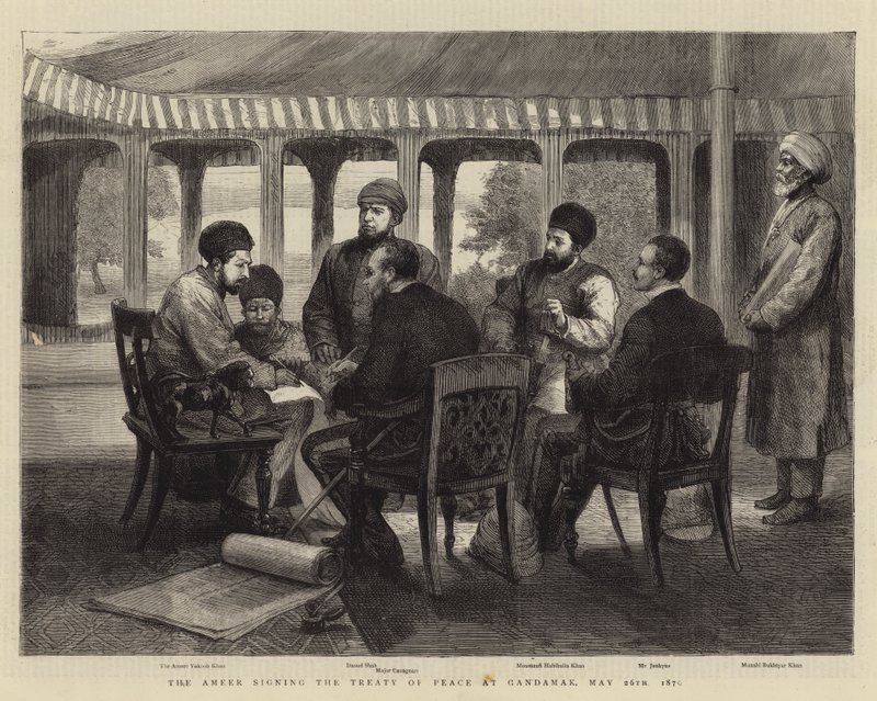 1879 年 5 月 26 日，阿米尔在甘达马克签署和平条约（雕刻） 作者 英语学校