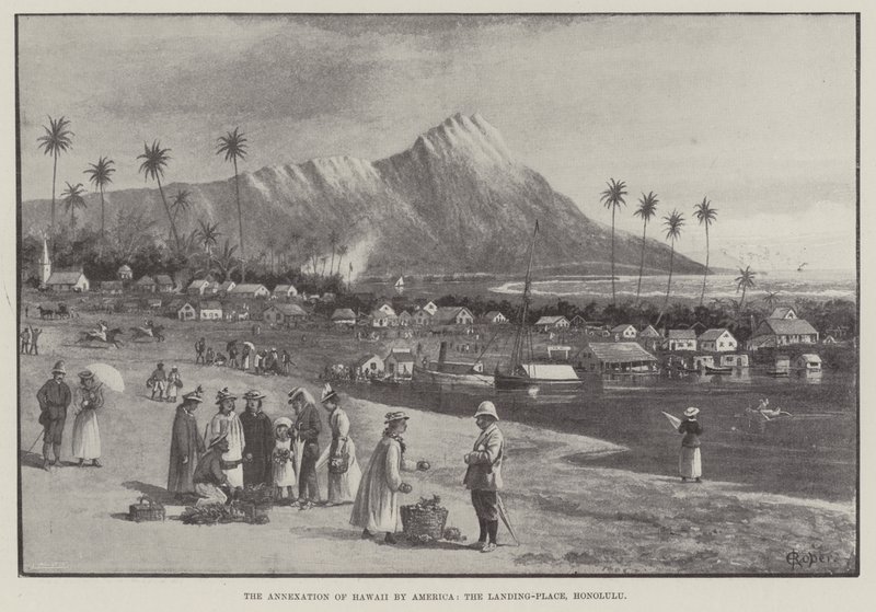美国吞并夏威夷，登陆地，檀香山（版画） 作者 英语学校