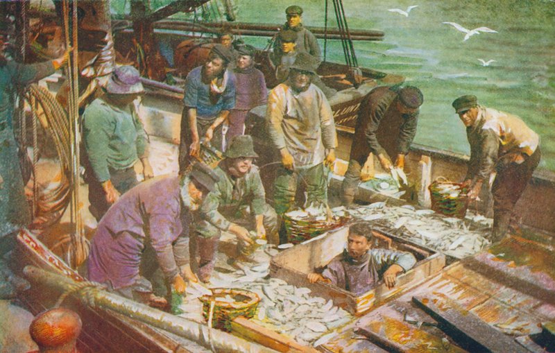 北海渔船抵达，渔获上岸（彩色石版画） 作者 英语学校