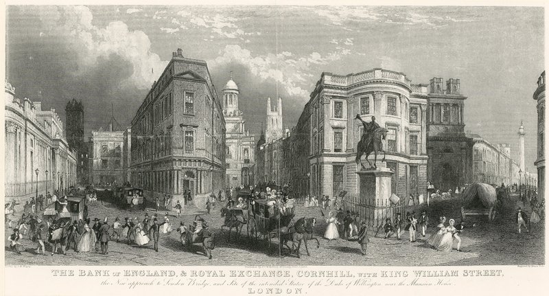 英格兰银行和皇家交易所，Cornhill，与威廉王街 作者 英语学校