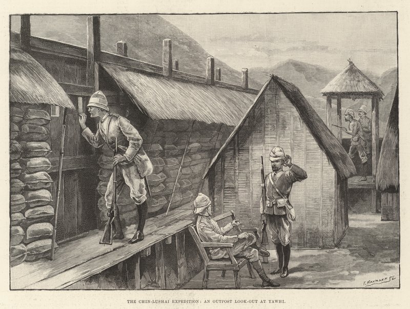 Chin-Lushai Expedition, 一个眺望 Yawhi 的前哨（版画） 作者 英语学校