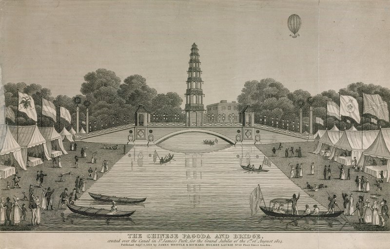 1814年，在圣詹姆斯公园（St. Jamess Park）为大禧年（Grand Jubilee）的运河竖立了中国宝塔和桥梁 作者 英语学校