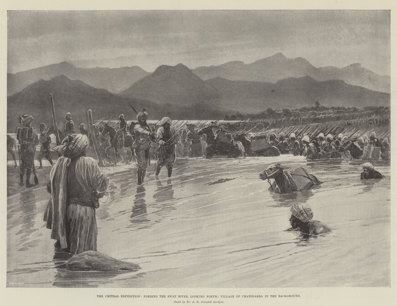 Chitral远征队，涉过斯瓦特河，向北看； 背景中的 Chatedarra 村（石版画） 作者 英语学校