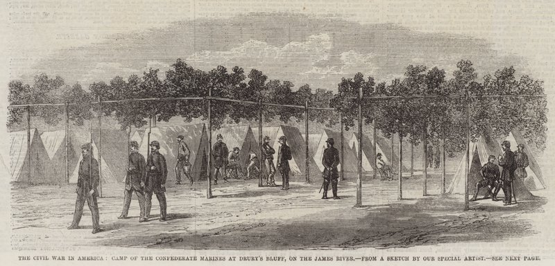美国内战，德鲁里崖的同盟海军陆战队营地，位于詹姆斯河上（版画） 作者 英语学校