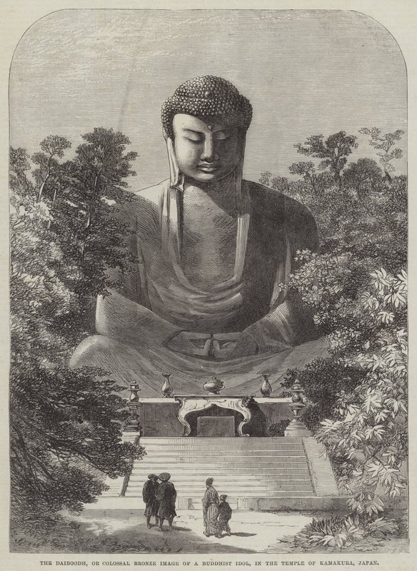 日本镰仓寺内的大佛像，即巨大的佛教偶像铜像（雕刻）。 作者 英语学校