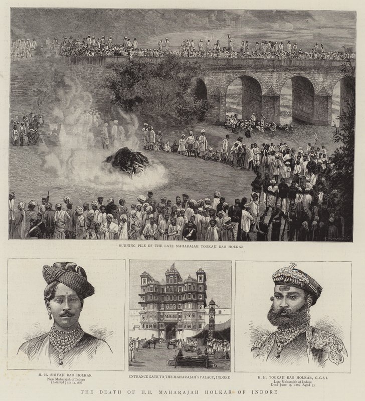 印多尔的H.Maharajah Holkar之死（雕版画）。 作者 英语学校